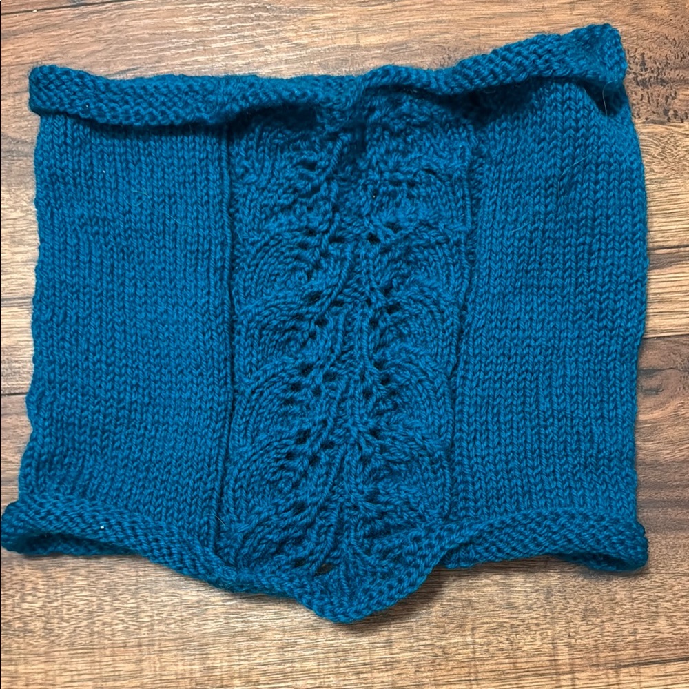Teal Knit Scarf with Leaf Pattern
